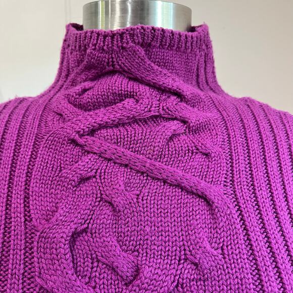 Magaschoni 100% Merino Wool Sweater Cable Knit Fisherman Purple Mock Neck Sz S - Picture 5 of 8